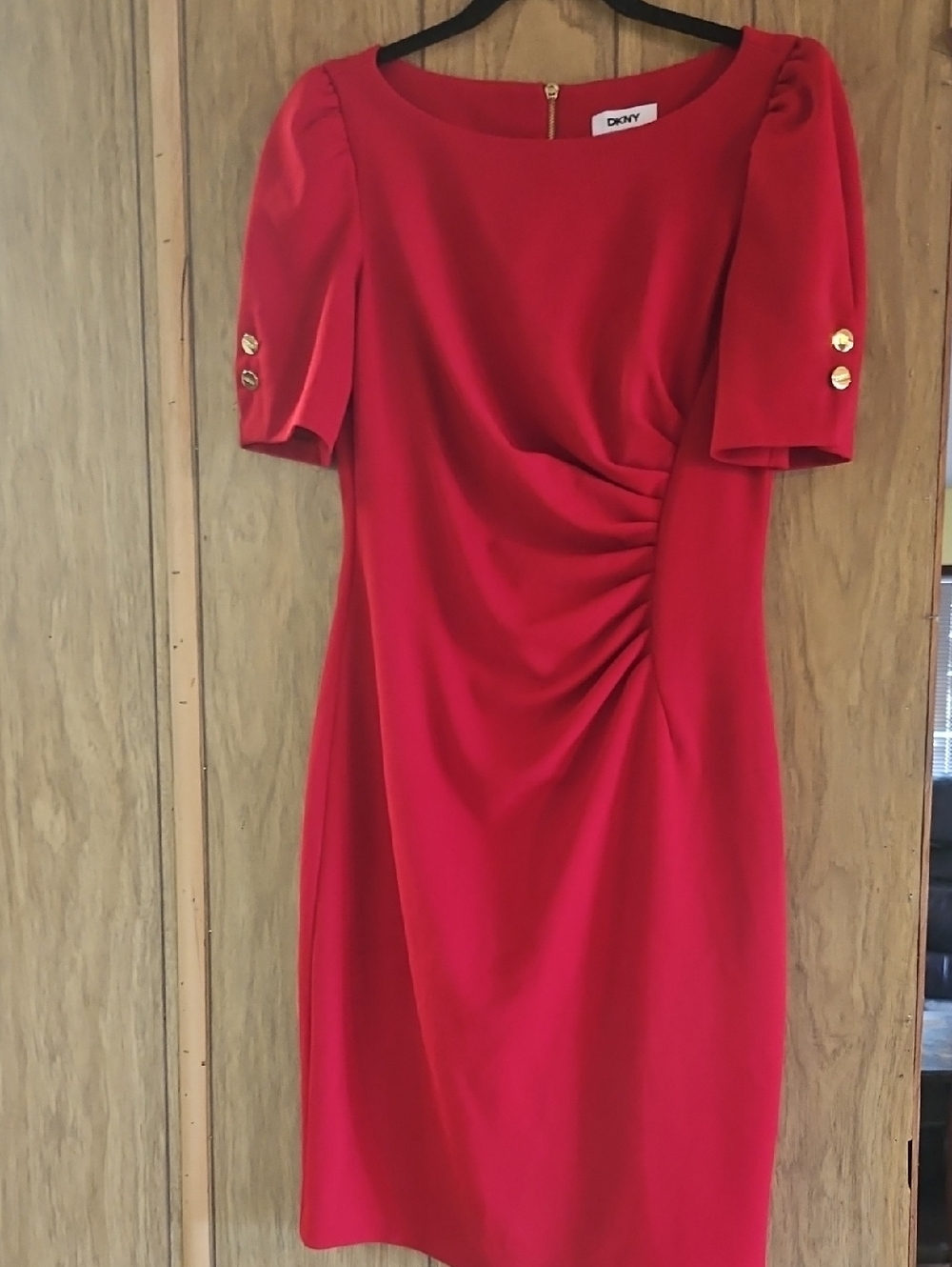 DKNY Red Ruched Sheath Dress with Gold Button Sleeves